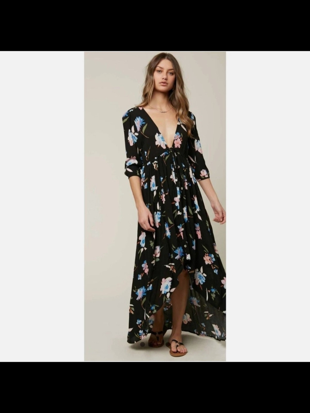 O'Neill Black Floral High-Low V-Neck Maxi Dress